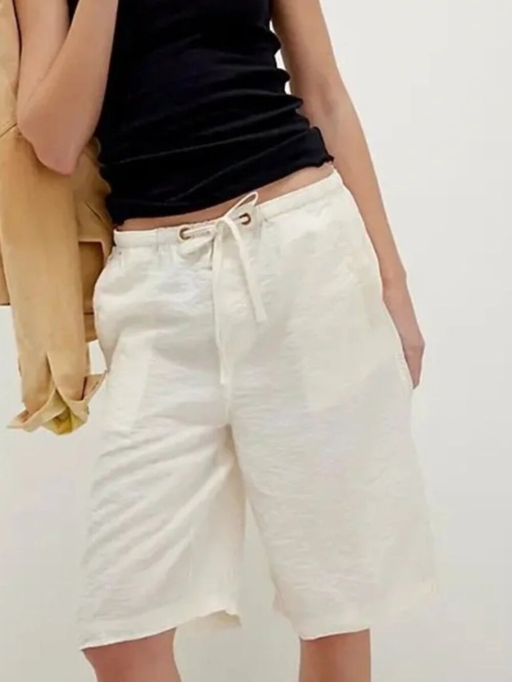 Free People Cream Drawstring Bermuda Shorts